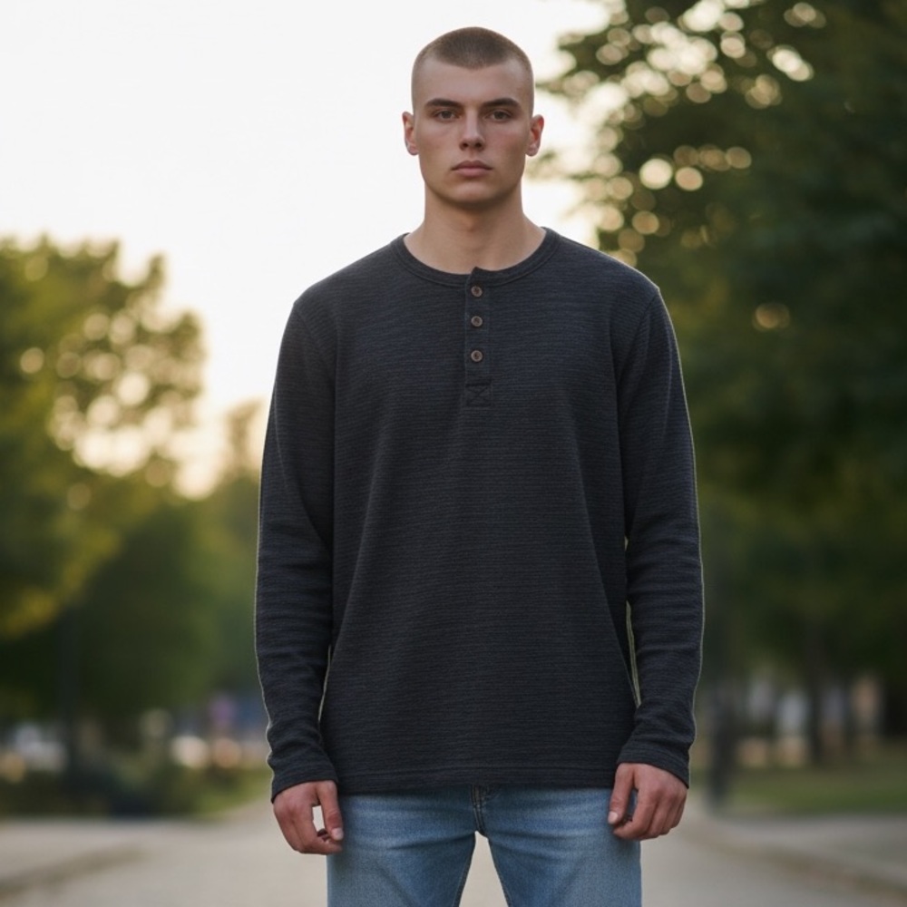 #320  Hedge Black Long Sleeve Henley Shirt